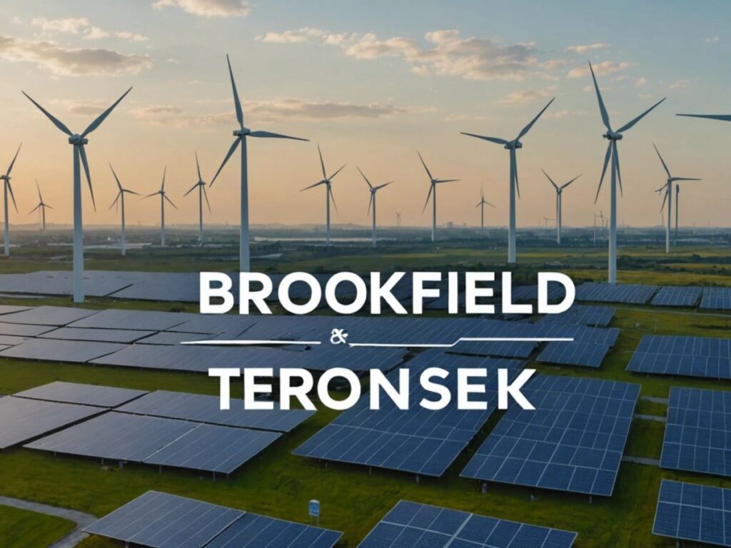 Brookfield and Temasek in talks to acquire renewable energy developer Neoen, featuring wind turbines and solar panels.